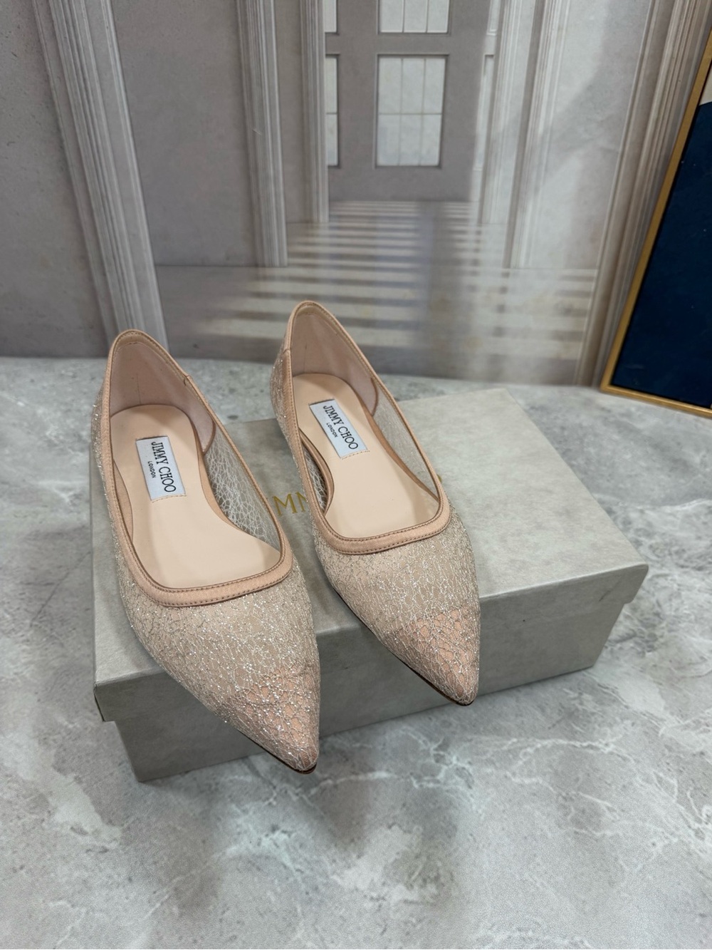 Jimmy Choo Beige Glitter Pointed Ballet Flats